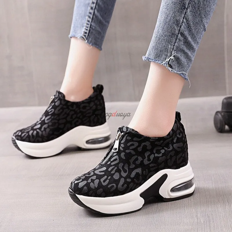 Amozae Leopard Running Shoes Female Platform Thick Sole Womens Sport Shoes Platform Sneakers Women Height Increase Jogging Shoes