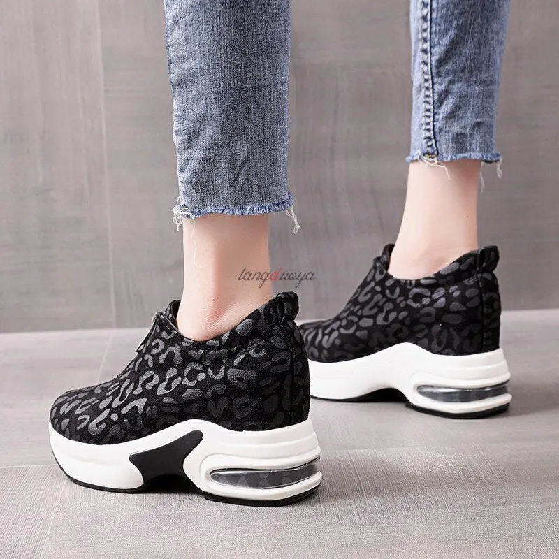 Amozae Leopard Running Shoes Female Platform Thick Sole Womens Sport Shoes Platform Sneakers Women Height Increase Jogging Shoes