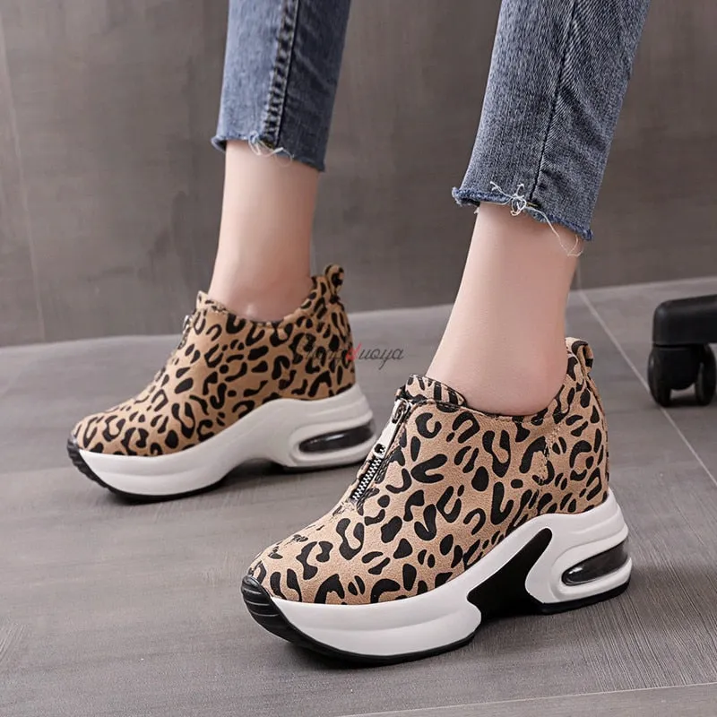 Amozae Leopard Running Shoes Female Platform Thick Sole Womens Sport Shoes Platform Sneakers Women Height Increase Jogging Shoes