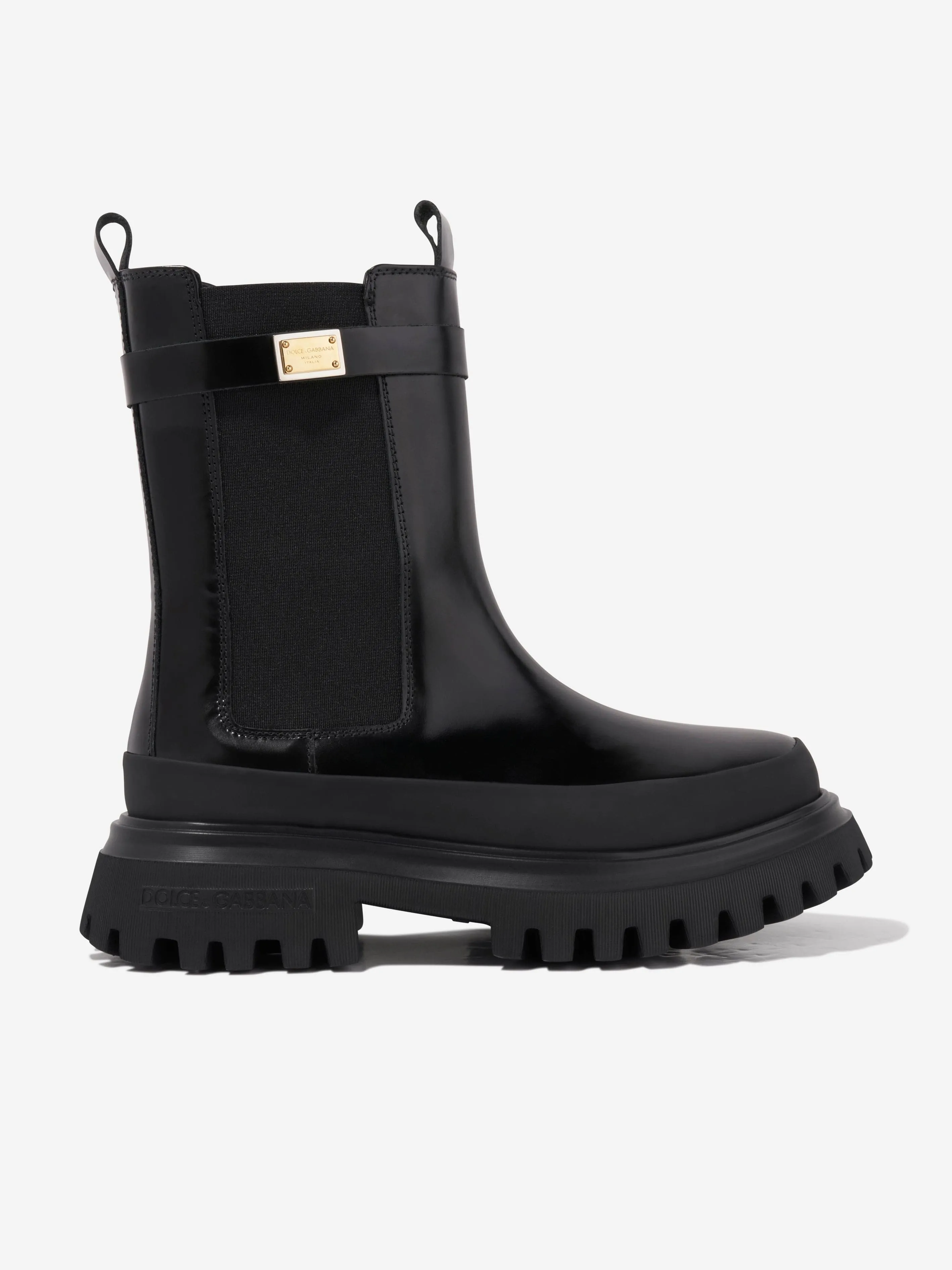 Dolce & Gabbana Girls Leather Logo Tag Boots in Black