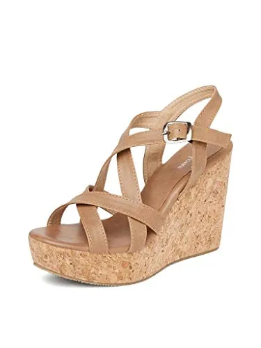 Marc Loire Women's Open Toe Fashion High Heel Buckled Closure Wedges Sandals (Tan, numeric_8)