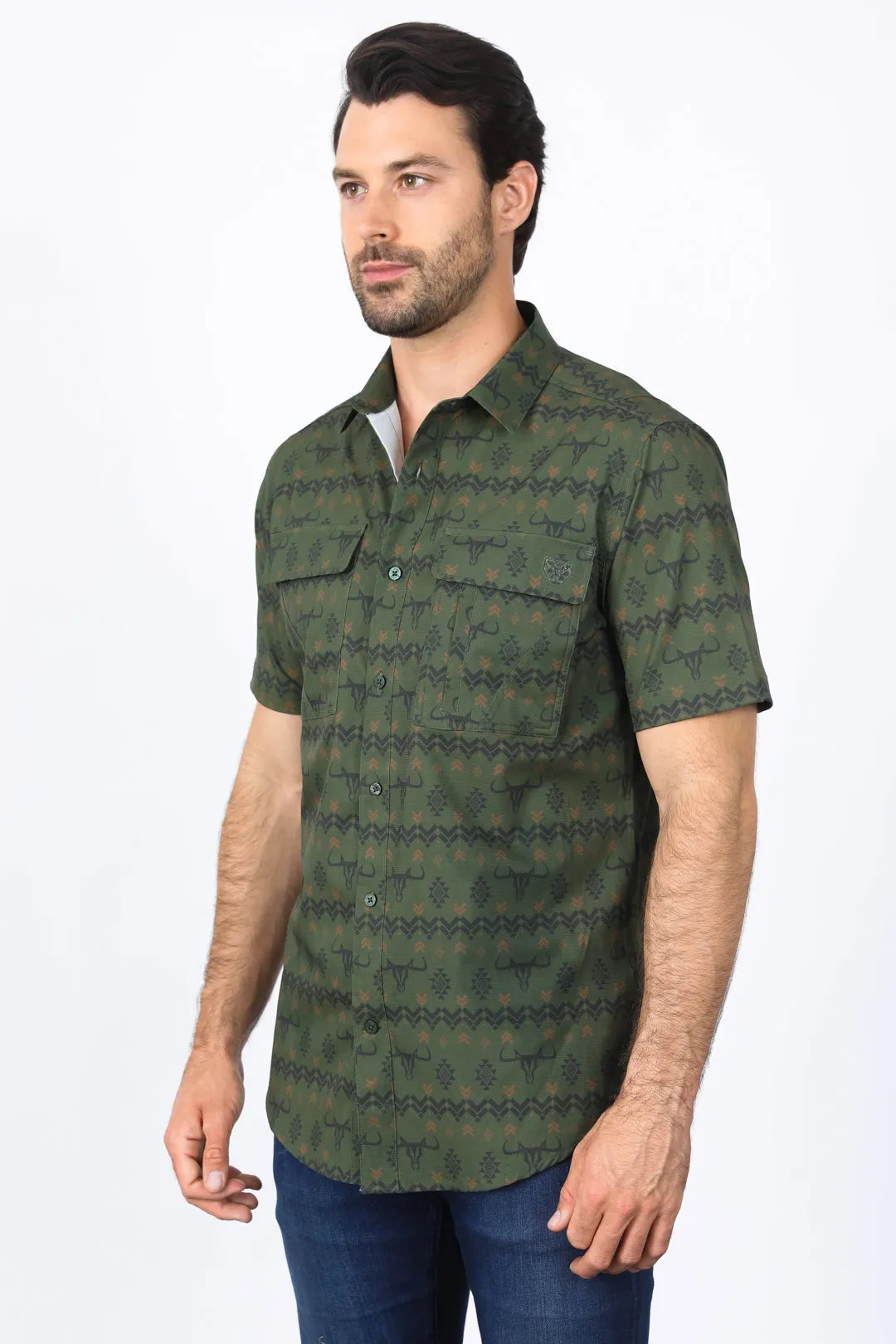 Mens Performance Classic Fit Western Olive Short Sleeve Aztec Print Shirt