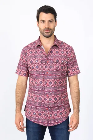 Mens Performance Classic Fit Western Short Sleeve Aztec Print Salmon Shirt