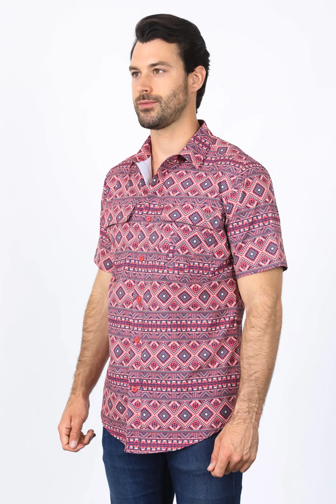 Mens Performance Classic Fit Western Short Sleeve Aztec Print Salmon Shirt