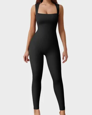 SheCurve®Ribbed Square Neck Sleeveless Workout Jumpsuit