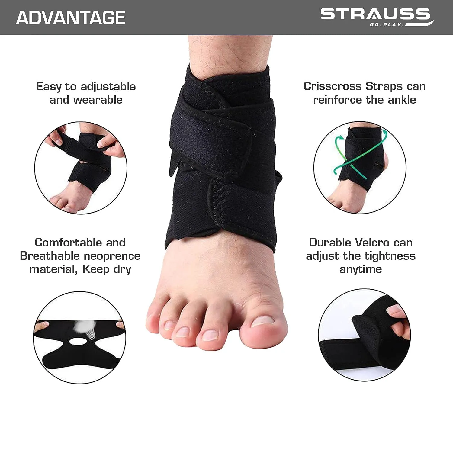 STRAUSS Adjustable Ankle Support Compression Brace, Free Size, (Black)