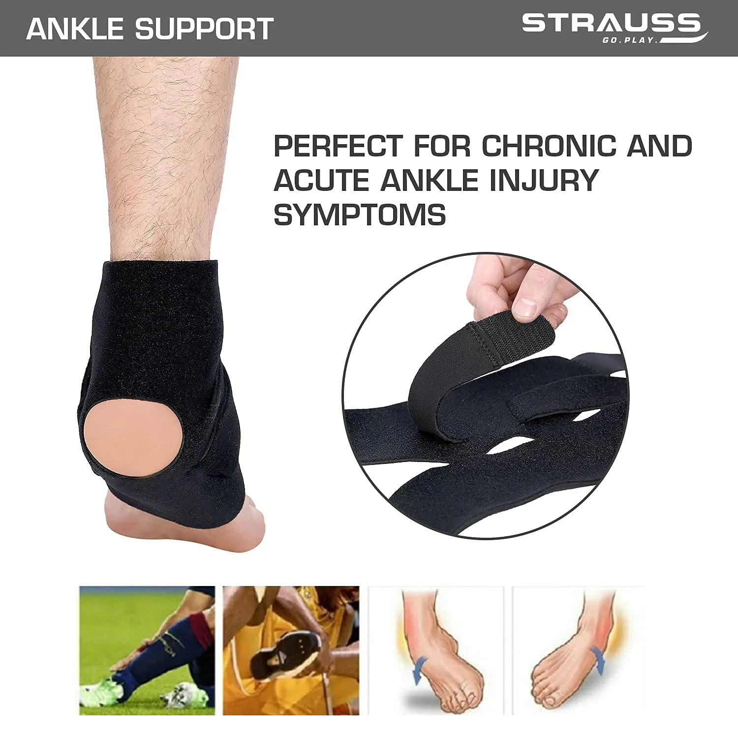 STRAUSS Adjustable Ankle Support Compression Brace, Free Size, (Black)