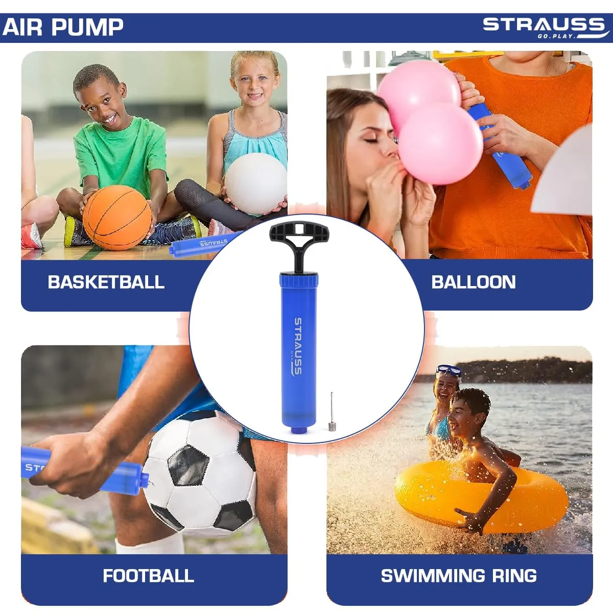 Strauss Air Pump for Sports | Suitable for Football, Volleyball, Basketball, Rugby, Soccer Ball, Other Inflatable Balls | Air Inflator with Stainless Steel Pin (1 pcs), (Blue)