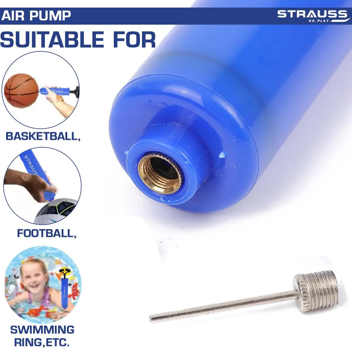 Strauss Air Pump for Sports | Suitable for Football, Volleyball, Basketball, Rugby, Soccer Ball, Other Inflatable Balls | Air Inflator with Stainless Steel Pin (1 pcs), (Blue)